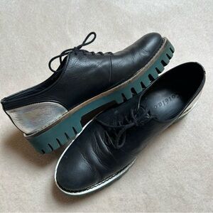 Black Leather Oxford Platform Shoes with Silver Accents